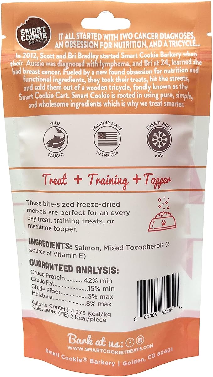 Smart Cookie Freeze Dried Salmon Bites - Single Ingredient Freeze Dried Salmon Treats for Dogs - Wild Caught Alaskan Salmon Dog Training Treats & Dog Food Topper - Made in USA - 2oz Bag, 3 Pack