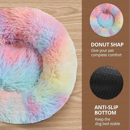 JOLLYVOGUE Dog Bed Cat Bed, Anti-Anxiety Small Dog Bed, Calming Donut Dog Bed for Puppy, Cozy Cat Bed, Fluffy Dog Beds for Small Dogs, Washable Round Puppy Bed for Indoor Pets (20"/Rainbow