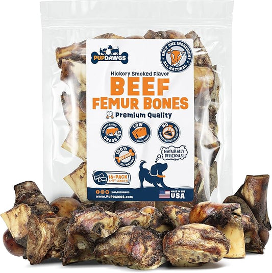 Single Ingredient Dog Bones - Made in USA - Beef Femur Bones - Natural Dog Bones for Aggressive Chewers - from USDA Inspected Beef - Hickory Smoked - Individually Wrapped (16 Piece Pack)