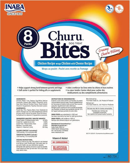 INABA Churu Bites for Dogs, Soft & Chewy Baked Chicken Wrapped Filled Dog Treats with Vitamin E, 0.42 Ounces Each Tube, 64 Tubes (8 per Pack), Chicken with Cheese Recipe