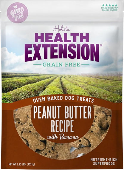 Health Extension Oven-Baked Dog Treats, 2.25lb (1.02kg), Peanut Butter & Banana Recipe – Gluten & Grain-Free, Superfood-Infused, Crunchy Biscuits for Puppy Training