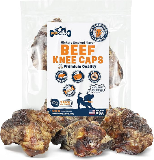 Single Ingredient Dog Bone Made in USA - Beef Knee Caps - 100% Natural Dog Bones for Aggressive Chewers - from USDA Inspected Beef - Hickory Smoked - Individually Wrapped (3 Piece Pack)