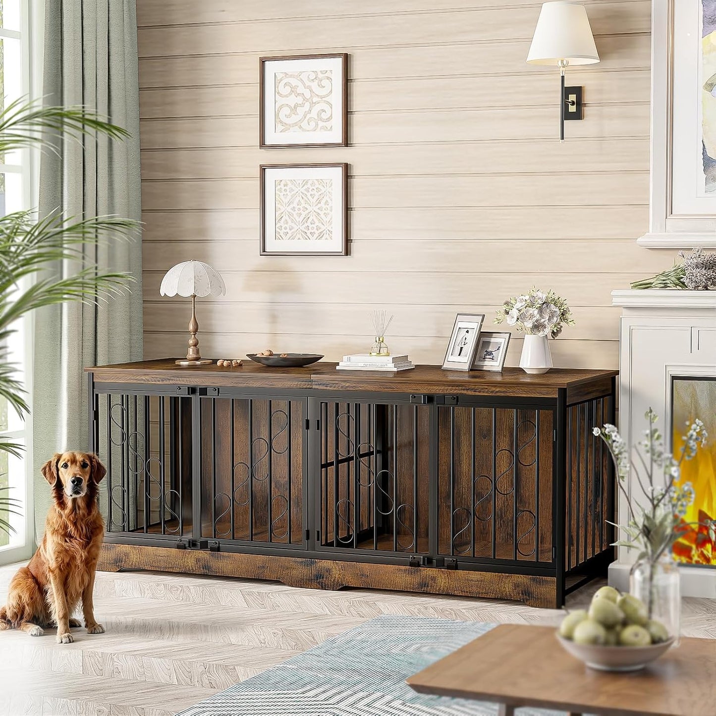 71 Inch Double Dog Crate Furniture for 2 Dogs, Decorative Wooden Dog Crates Indoor Dog Kennel TV Stand for Large Medium Small Dogs, Dog Cage Furniture Heavy Duty Pet House with Divider, Brown