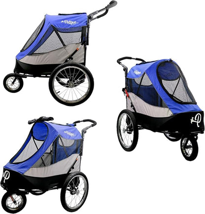 Petique Trailblazer Pet Jogger/Stroller, Bike Trailer, Shock Absorbing Bike Wheels, Large Entry Way, Peek-a-Boo Window, Small/Medium/Large Dogs, Cats and Pets, Supports up to 77LBS - Atlas (Blue)