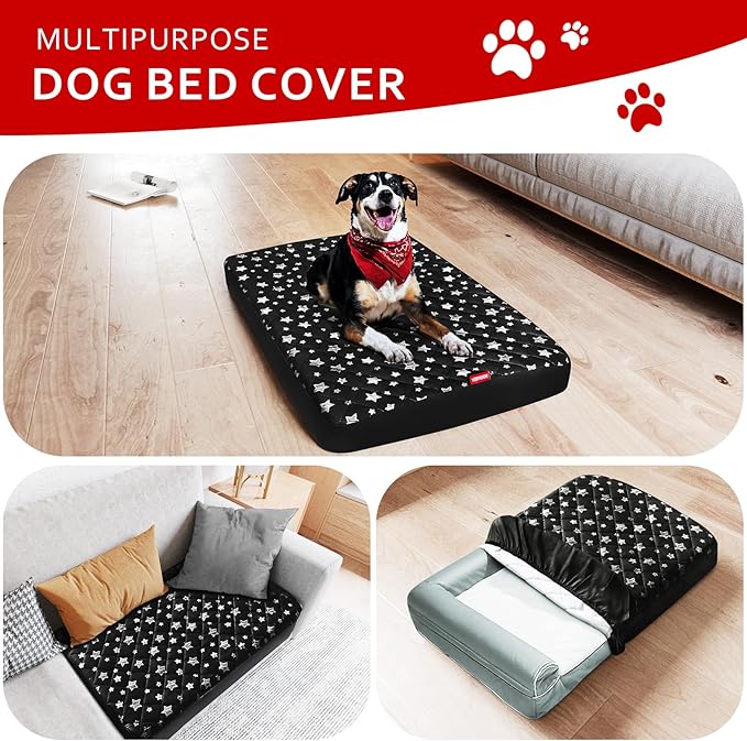 Dog Bed Covers Replacement Washable Pet Hair Easy to Remove, Waterproof Dog Bed Covers Noiseless Quilted, Pet Bed Cover Lovely Black Star Print, Puppy Bed Cover 20x30 Inches, for Dog/Cat, Cover Only