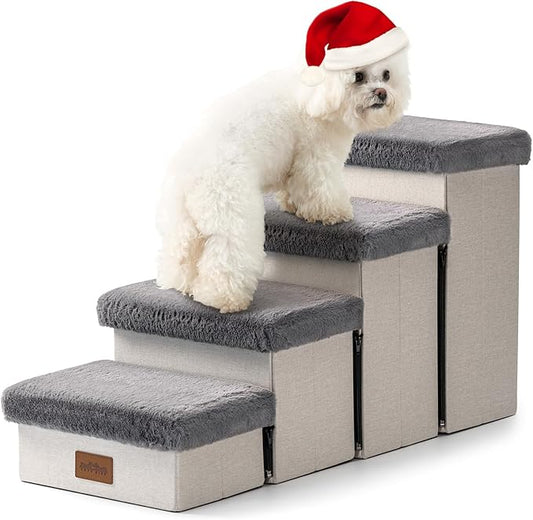 Dog Stair for Small Dogs with Storage, 17.7" H Foldable Pet Step with Soft Leakproof Cover, Older Cat Ramp for Couch Sofa Bed, Lightweight, Comfort, 33x13x17.7 inch, 4 Tiers Grey