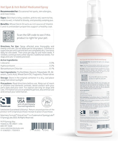 Veterinary Formula Clinical Care Hot Spot & Itch Relief Medicated Spray, 8oz – Easy to Use Spray for Dogs & Cats – Helps Alleviate Sensitive Skin, Scratching, and Licking of Coat (1 Pack)