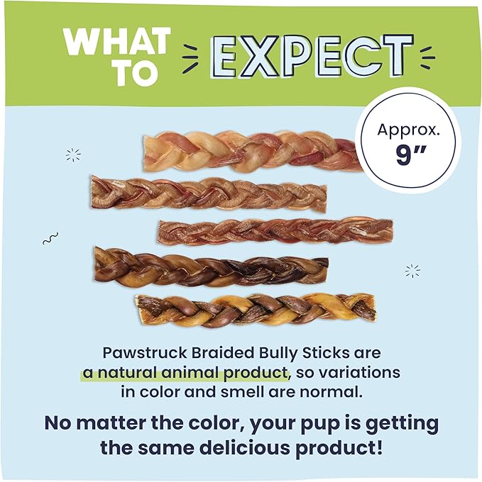 Pawstruck Natural 9” Braided Bully Sticks for Dogs - Tough Long Lasting, Rawhide Free, Low Odor, Healthy Single Ingredient Chew Treat for Aggressive Chewers - 10 Count - Packaging May Vary