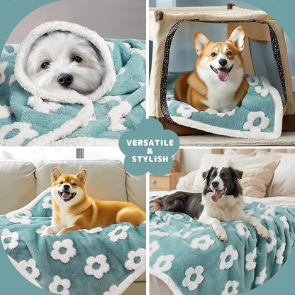Luciphia Waterproof Dog Cat Blanket Fluffy Thick Fleece Pet Blanket,Washable Double Sided Sherpa Calming Blankets Flower Print Blankets for Medium Large Dogs Cats(Blue,40x28 inches)
