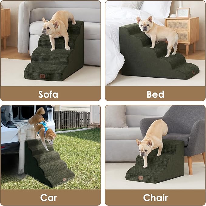 EHEYCIGA Curved Dog Stairs Ramp for High Beds 22.6" H, 5-Step Dog Steps for Small Dogs and Cats, Pet Stairs for High Bed Climbing, Non-Slip Balanced Pet Step Indoor, Olive Green