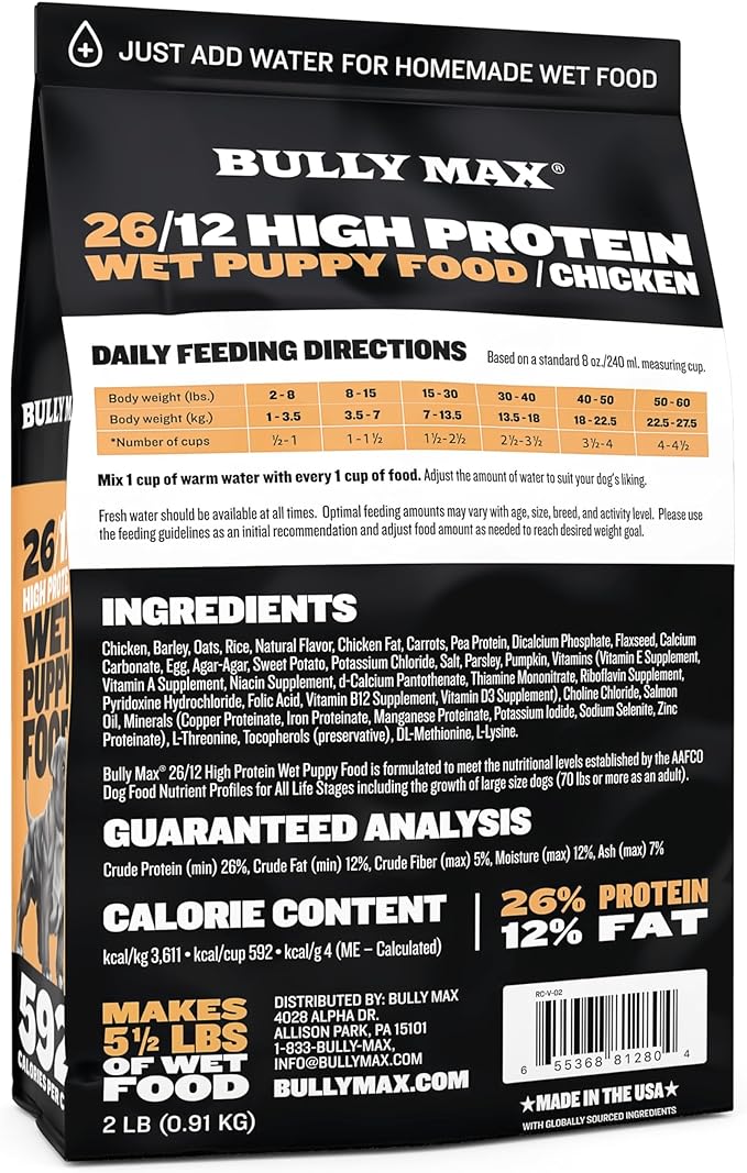 Bully Max Wet Puppy Food - Instant Fresh Dehydrated High Protein Soft Dog Food with Chicken - Healthy Growth for Small & Large Breed - 20 Dry Dog Food Pounds (Makes 55 lbs. Wet Dog Food, 10 Pouches)