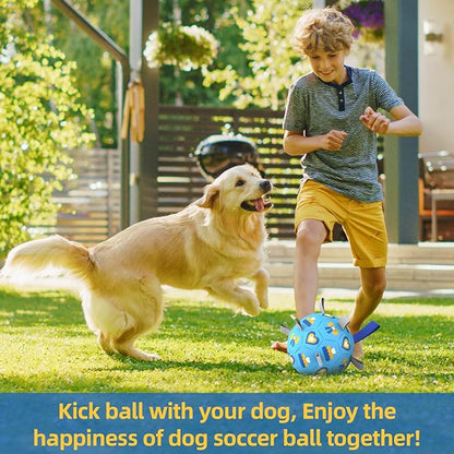 QDAN Dog Toys Soccer Ball with Straps - Durable Dog Balls for Large Dogs, Beach Pool Dog Water Toy, Dog Tug Toys for Tug of War, Puppy Dog Birthday Gifts Blue (8 Inch)