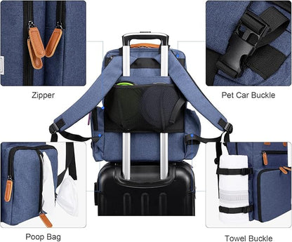 Modoker Dog Travel Bag, Airline Approved Backpack for Pet Accessories Organizer, Tote Weekend Bag with 2 Dog Food Storage Containers, 2 Collapsible Dog Bowls, 1 Pet Mat, Blue