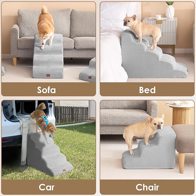EHEYCIGA Curved Dog Stairs Ramp for High Beds 19.7" H, 4-Step Dog Steps for Small Dogs and Cats, Pet Stairs for High Bed Climbing, Non-Slip Balanced Pet Step Indoor, Light Grey