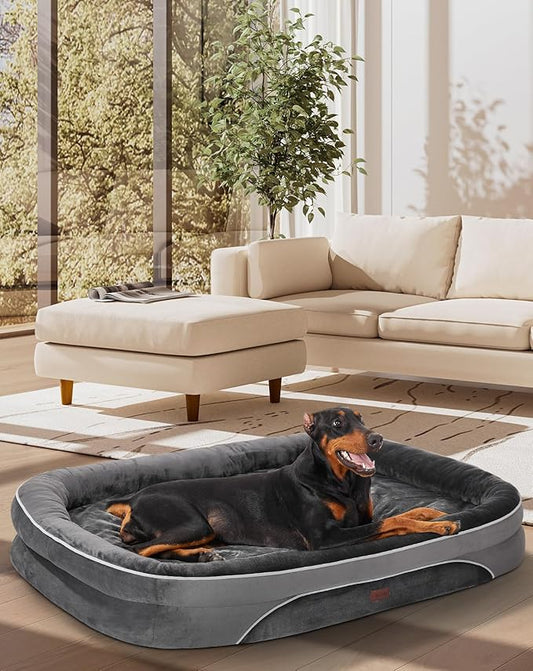 OhGeni Orthopedic Dog Bed for Jumbo Dogs, Dog Couch Design with Egg Foam Support, Removable, Washable Plush Cover and Non-Slip Bottom with Four Sided Bolster Cushion (Gray)