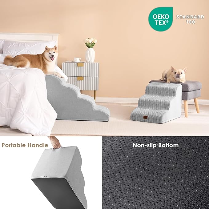 EHEYCIGA Curved Dog Stairs Ramp for High Beds 19.7" H, 4-Step Dog Steps for Small Dogs and Cats, Pet Stairs for High Bed Climbing, Non-Slip Balanced Pet Step Indoor, Light Grey
