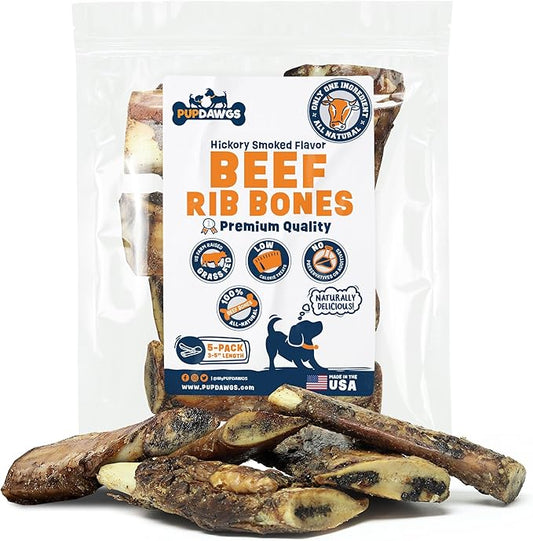 Single Ingredient Dog Bones - Made in USA - Small Beef Rib Bones - Natural Dog Bones for Aggressive Chewers - from USDA Inspected Beef - Hickory Smoked - Wrapped in Sets of 5 (5 Piece Pack)