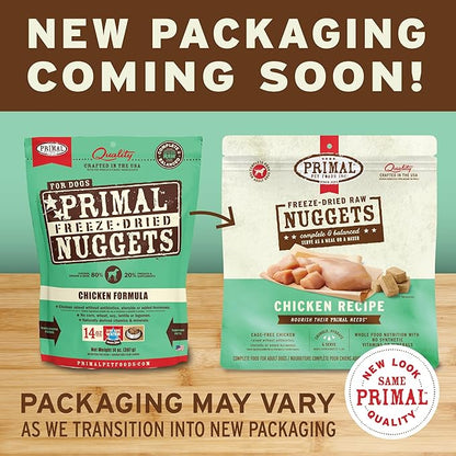 Primal Freeze Dried Dog Food Nuggets, Chicken; Complete Balanced Meal, Topper or Treat; Premium, Healthy, Grain Free, High Protein Raw Dog Food, 14 oz