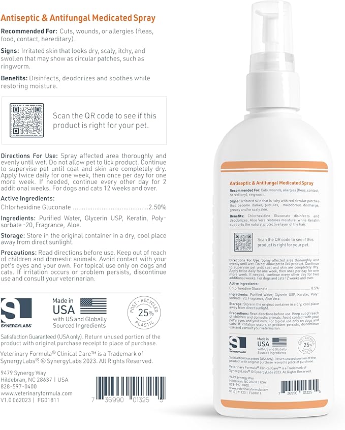 Veterinary Formula Clinical Care Antiseptic and Antifungal Medicated Spray for Dogs & Cats, 8 Fl Oz (1 Pack)