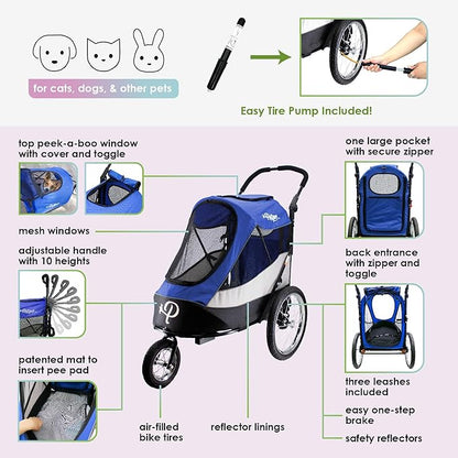 Petique Trailblazer Pet Jogger/Stroller, Bike Trailer, Shock Absorbing Bike Wheels, Large Entry Way, Peek-a-Boo Window, Small/Medium/Large Dogs, Cats and Pets, Supports up to 77LBS - Atlas (Blue)