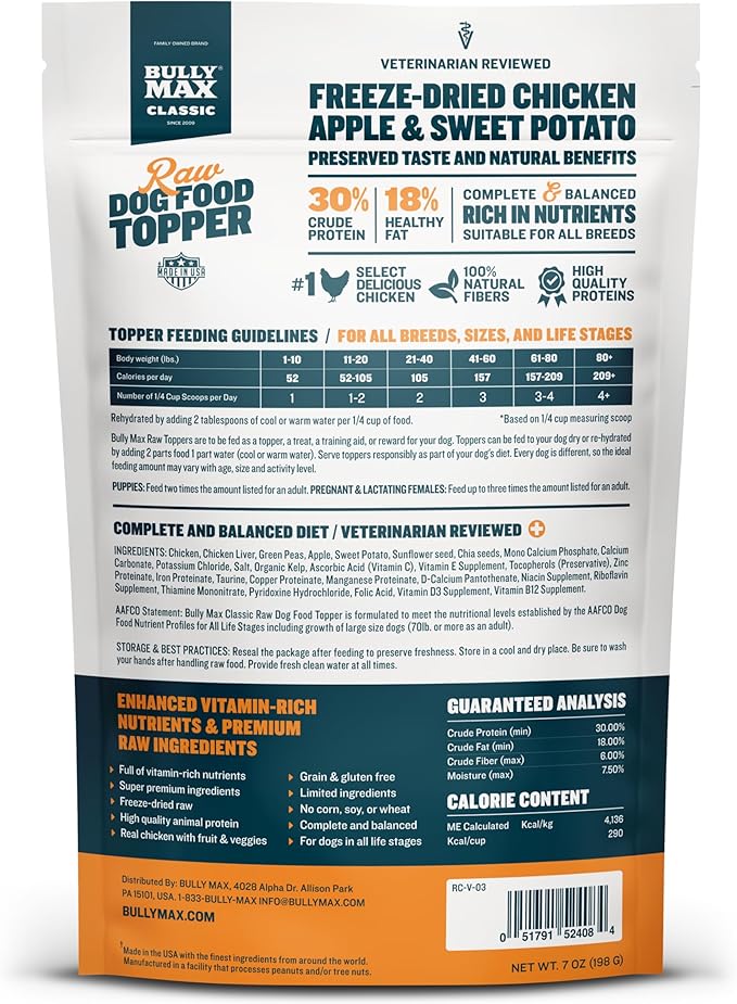 Bully Max Freeze-Dried Raw Dog Food Toppers for Puppies & Adult Dogs - Chicken with Real Fruits & Veggies - Natural Meal Enhancers with Vitamins & Minerals - Feed as Puppy Treat or Dog Meal