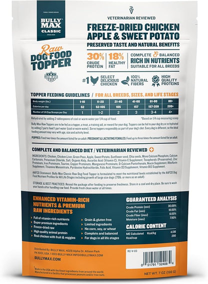 Bully Max Freeze-Dried Raw Dog Food Toppers for Puppies & Adult Dogs - Chicken with Real Fruits & Veggies - Natural Meal Enhancers with Vitamins & Minerals - Feed as Puppy Treat or Dog Meal