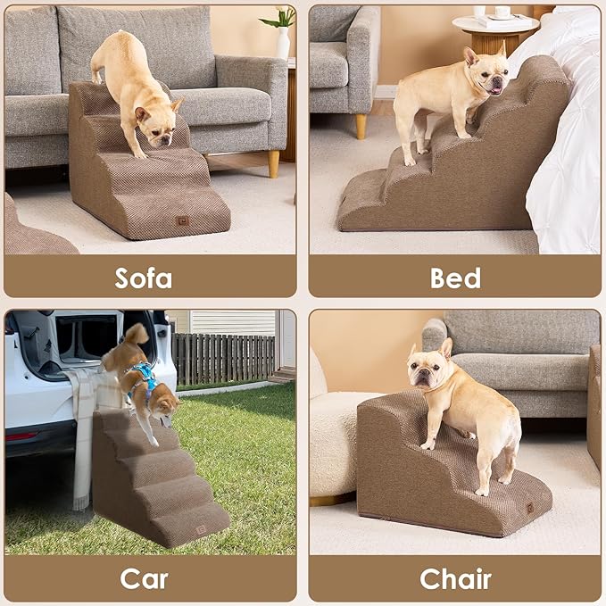 EHEYCIGA Curved Dog Stairs Ramp for High Beds 22.6" H, 5-Step Dog Steps for Small Dogs and Cats, Pet Stairs for High Bed Climbing, Non-Slip Balanced Pet Step Indoor, Camel