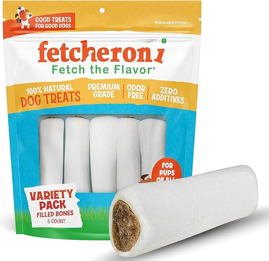 Variety Pack Stuffed Dog Bones (Flavors: Bacon & Cheese, Peanut Butter, and Beef) - 3-4 Inch Long Dog Treats - Natural Stuffed Dental Dog Bone Treats for Dogs - 5 Pack