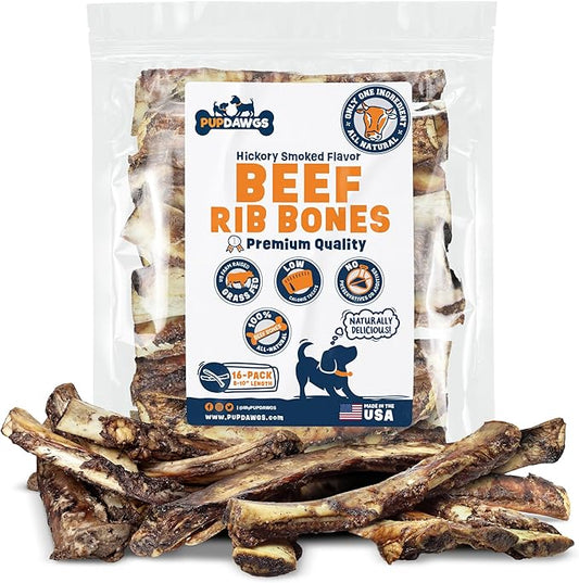 Single Ingredient Dog Bones - Made in USA – 8-10” Beef Rib Bones - Natural Dog Bones for Aggressive Chewers - from USDA Inspected Beef - Hickory Smoked - Individually Wrapped (16 Piece Pack)
