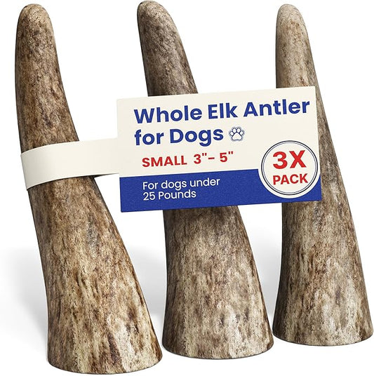 Small 3 Pack Whole Elk Antlers for Dogs [Long Lasting] - Elk Bones for Dogs Humanely Sourced - Elk Horns for Dogs - Dog Elk Antler Chews - Small Antlers Under 25 Pounds