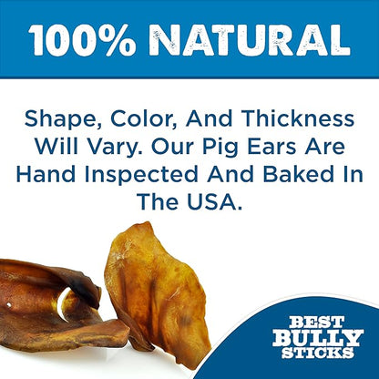 Best Bully Sticks All Natural USA Baked & Packed Pig Ears for Dogs - Single Ingredient Easily digestible 100% Pork Dog Chew Treats - Great for Puppies, Small, Medium, and Large Dogs - 25 Pack