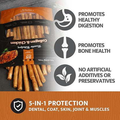 Chicken Collagen Sticks for Dogs, Dog Chews Long Lasting, Rawhide Free, 25 Count (Real Chicken), Bully Sticks for Large, Medium, and Small Dogs