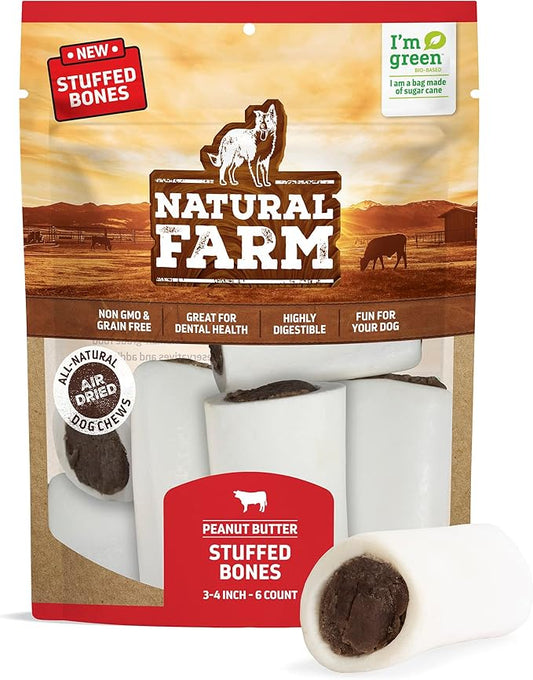 Natural Farm Peanut Butter Filled Bones (3-4 Inch, 6 Pack), Limited Ingredient, Natural Stuffed Dental Dog Bone Treats for Dogs, Made with Real Beef