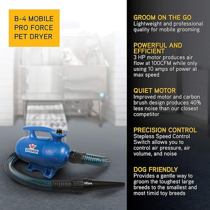 XPOWER B-4 Professional Pet Grooming Force Dryer with Powerful and Quiet Motor, Variable Speed Control, Versatile For All Coats and Breeds