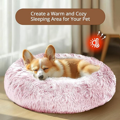 JOLLYVOGUE Dog Bed Cat Bed, Anti-Anxiety Small Dog Bed, Calming Donut Dog Bed for Puppy, Cozy Cat Bed, Fluffy Dog Beds for Small Dogs, Washable Round Puppy Bed for Indoor Pets (20"/Smoke Pink