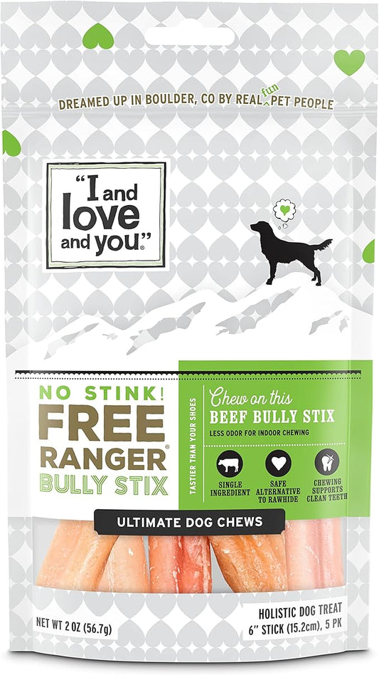 I and love and you No Stink Free Ranger Bully Stix - Beef - Rawhide Alternative, Single Ingredient, Free Range Grass Fed Beef, 6in, 5ct