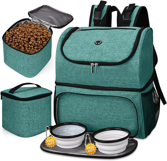 BAGLHER Pet Travel Bag, Double-Layer Pet Supplies Backpack (for All Pet Travel Supplies), Pet Travel Backpack with 2 Silicone Collapsible Bowls and 2 Food Baskets Green