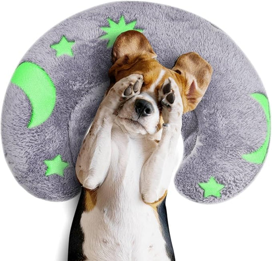 Glow-in-the-Dark U-Shaped Calming Pet Pillow for Dogs & Cats, Machine Washable Ultra-Soft Fleece Cover Comforting Dog Neck Pillow for Weak, Disabled, Elderly Pets, Luminous for Nighttime (Gray)