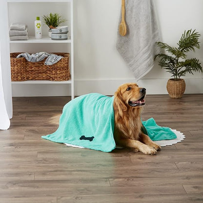 Bone Dry Pet Grooming Towel Collection Absorbent Microfiber X-Large, 41x23.5", Embroidered Green