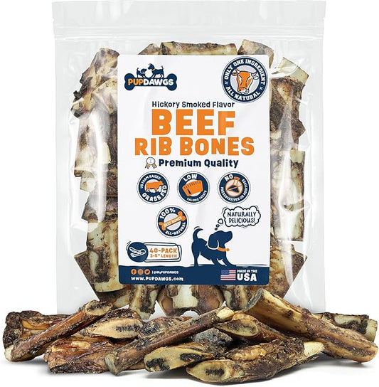 Single Ingredient Dog Bones - Made in USA - Small Beef Rib Bones - Natural Dog Bones for Aggressive Chewers - from USDA Inspected Beef - Hickory Smoked - Wrapped in Sets of 5 (40 Piece Pack)