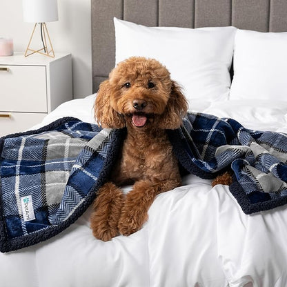 PetAmi Waterproof Dog Blanket for Small Medium Dog, Pet Puppy Blanket Couch Cover Protection, Sherpa Fleece Cat Blanket Couch Sofa Bed Furniture Protector Reversible Soft Washable 29x40 Plaid Navy