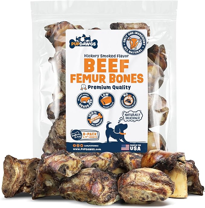 Single Ingredient Dog Bones - Made in USA - Beef Femur Bones - Natural Dog Bones for Aggressive Chewers - from USDA Inspected Beef - Hickory Smoked - Individually Wrapped (8 Piece Pack)