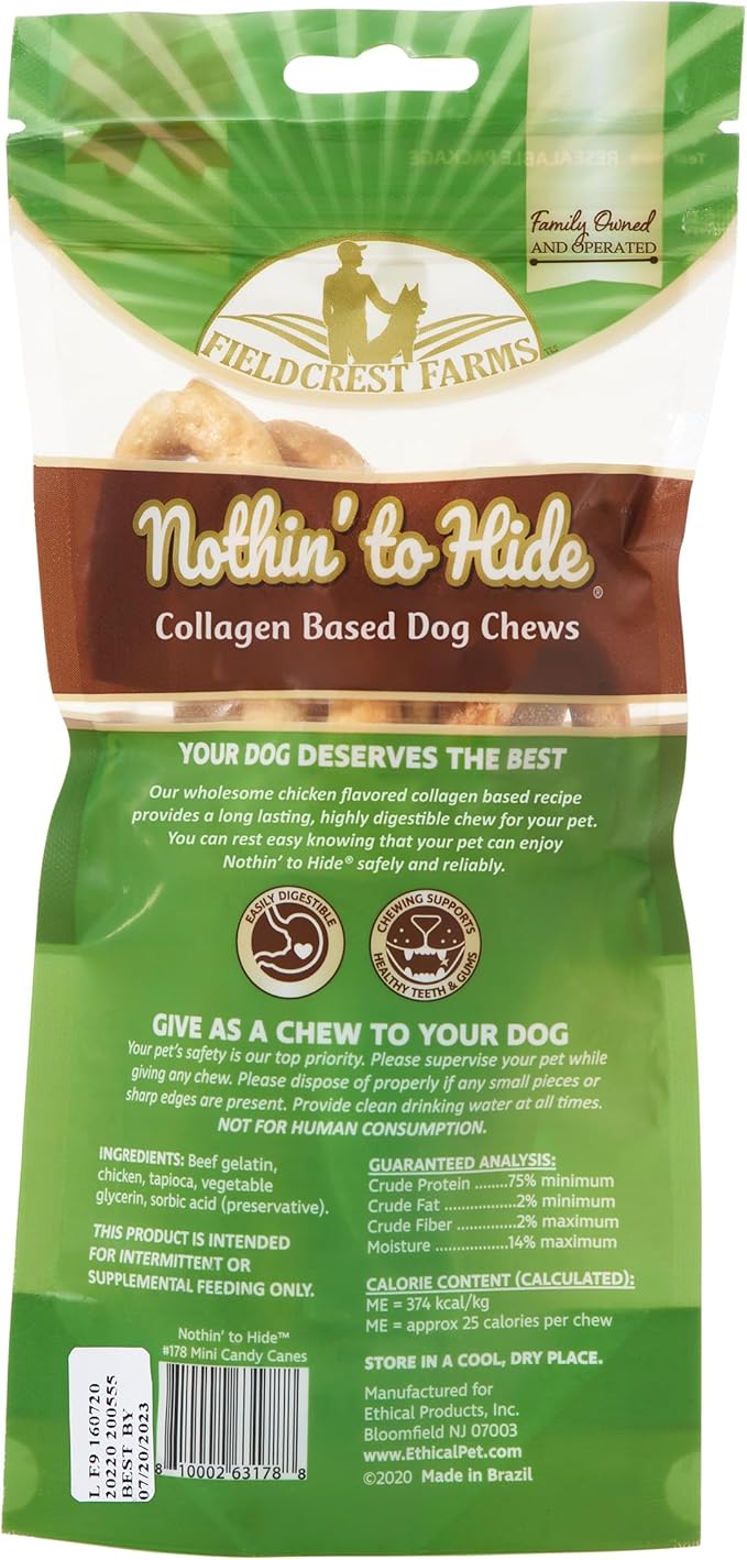 Fieldcrest Farms Nothin' to Hide Mini Holiday Candy Cane Chicken Flavor Dog Chews, Rawhide-Free, Easily Digestible, Long-Lasting, All-Natural Treats for Moderate Chewers up to 15lbs, 6-Ct
