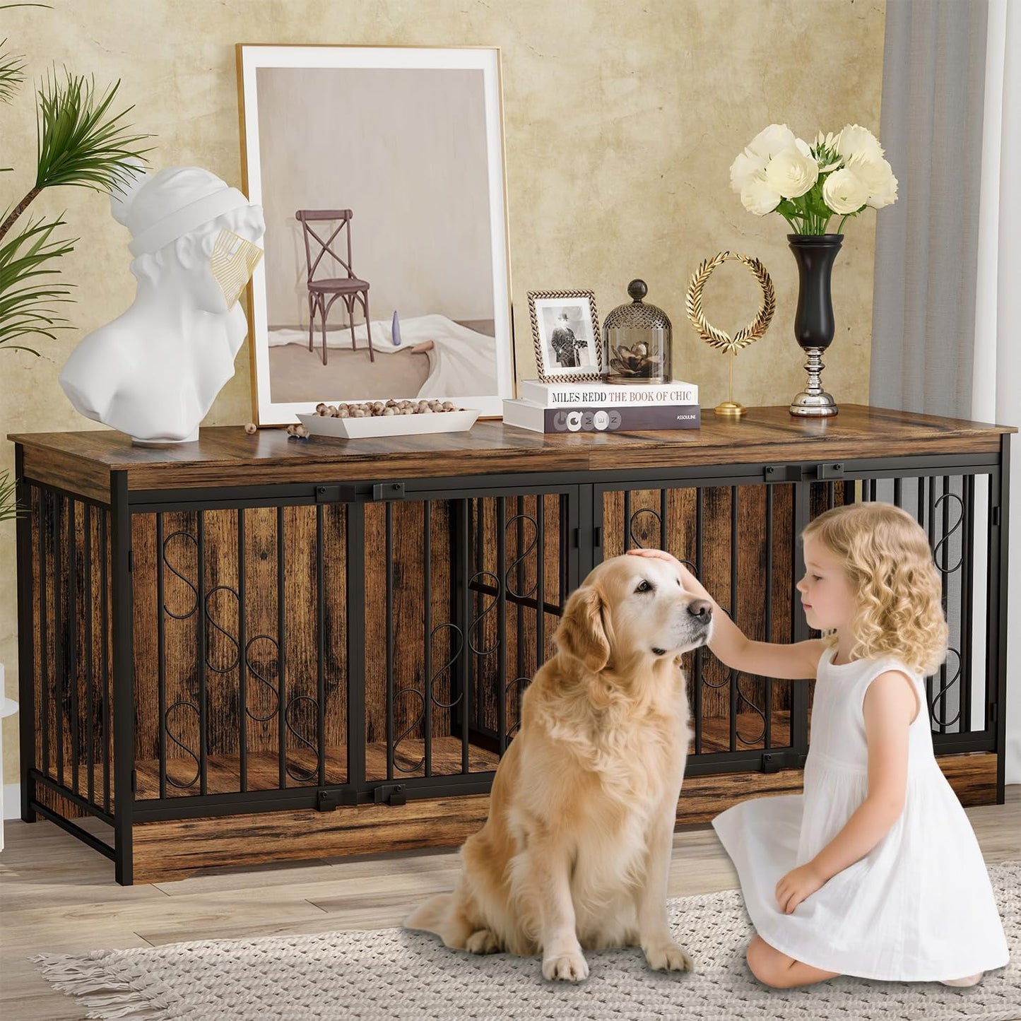 71 Inch Double Dog Crate Furniture for 2 Dogs, Decorative Wooden Dog Crates Indoor Dog Kennel TV Stand for Large Medium Small Dogs, Dog Cage Furniture Heavy Duty Pet House with Divider, Brown