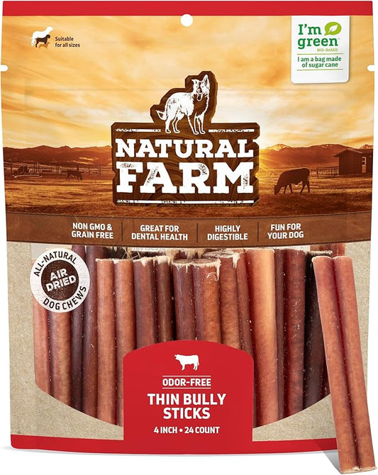 Natural Farm Odor-Free Thin Bully Sticks (4”, 24-Pack) All-Natural Long-Lasting Dog Chews, 100% Beef Pizzle, Grass-Fed, Grain-Free, Protein for Muscle Development & Energy, Perfect for Small Dogs