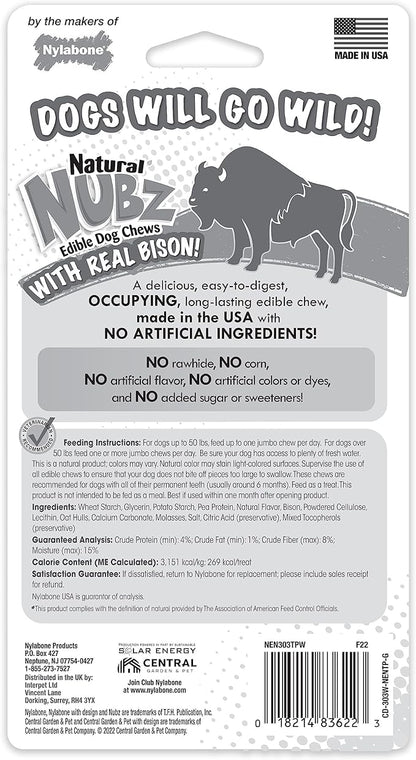 Nylabone Nubz Wild Natural Edible Chew Treats for Dogs, Made in USA, Bison Flavor, Large - Up to 50 lbs. (2 Count)