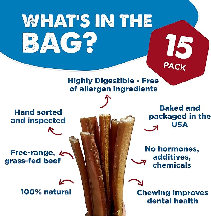 Best Bully Sticks 6 Inch All-Natural Bully Sticks for Dogs - 6” Easily Digestible, 100% Grass-Fed Beef, Grain and Rawhide Free | 15 Pack