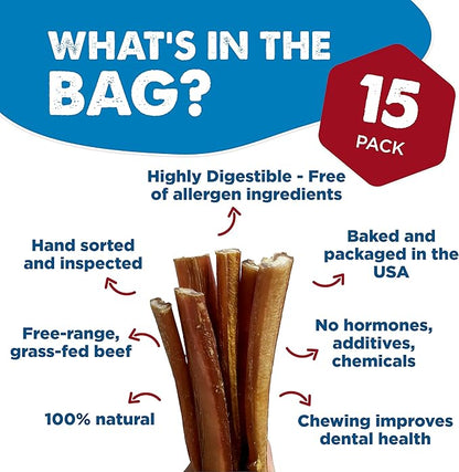 Best Bully Sticks 6 Inch All-Natural Bully Sticks for Dogs - 6” Easily Digestible, 100% Grass-Fed Beef, Grain and Rawhide Free | 15 Pack