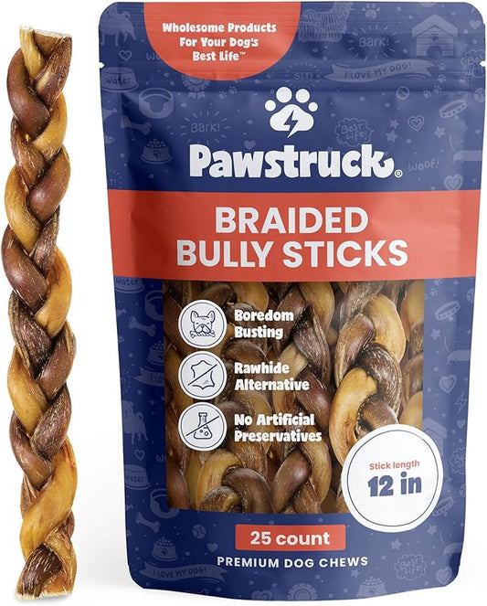 Pawstruck Natural 12” Braided Bully Sticks for Dogs - Tough Long Lasting, Rawhide Free, Low Odor, Healthy Single Ingredient Chew Treat for Aggressive Chewers - 25 Count - Packaging May Vary