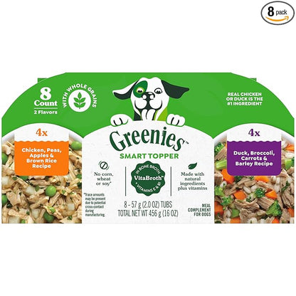 Greenies Smart Topper High Protein Wet Mix-in for Dogs, Chicken, Peas, Apples, and Brown Rice Recipe & Duck, Broccoli, Carrots and Barley Recipe Variety Pack with Whole Grains, 2oz. 8 Trays